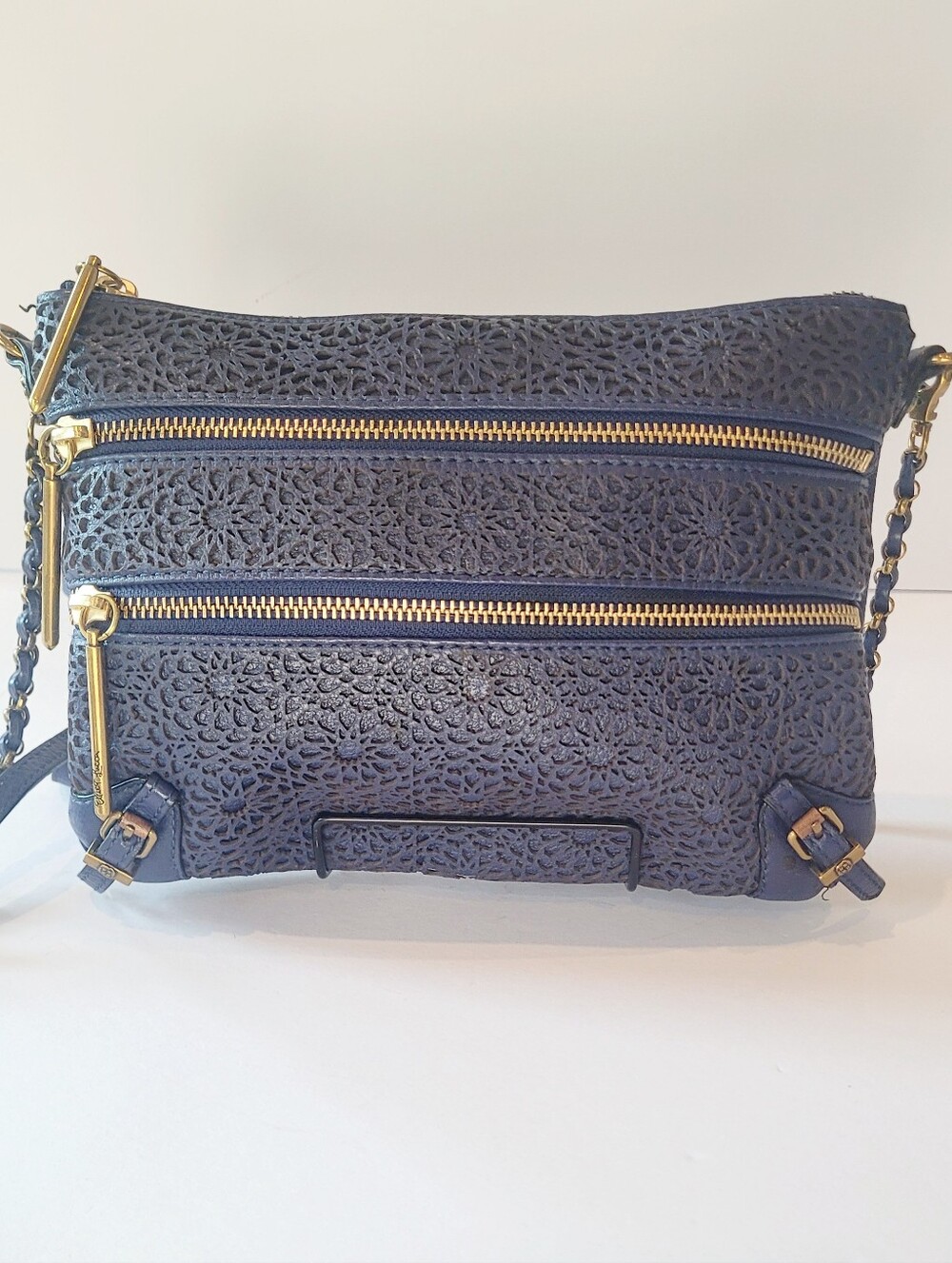 Elliott Lucca Navy Laser-Cut Floral Crossbody with Gold Hardware